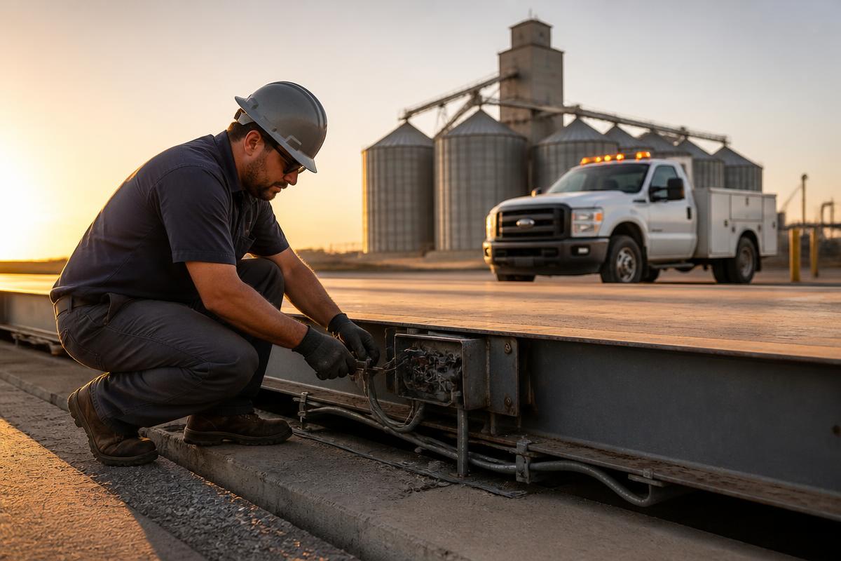 CalMill technician repairing a scale junction box at sunrise, service truck and grain elevator in the background