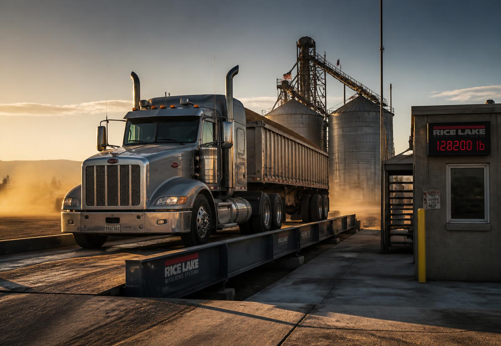 Loaded grain truck crossing a Rice Lake weighbridge at a Turlock facility at sunrise, digital readout showing 128,200 lb