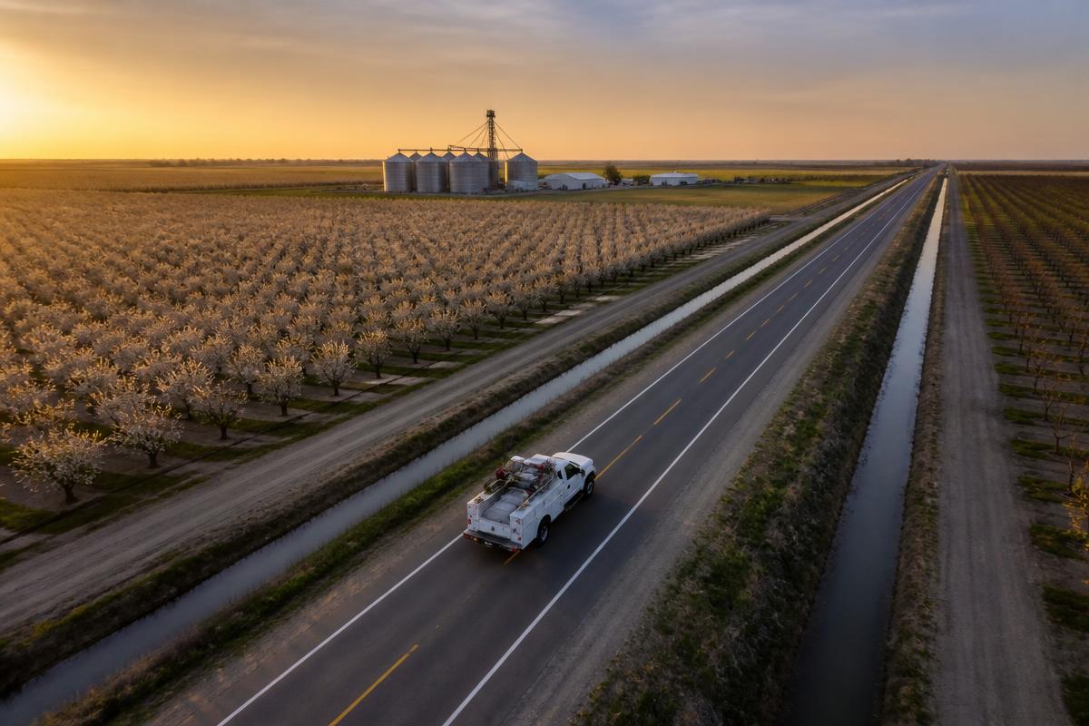 Aerial view of a CalMill service truck driving a rural road through Central Valley orchards at sunset