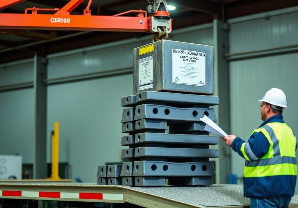 Certified test weights being lowered onto a scale deck for calibration