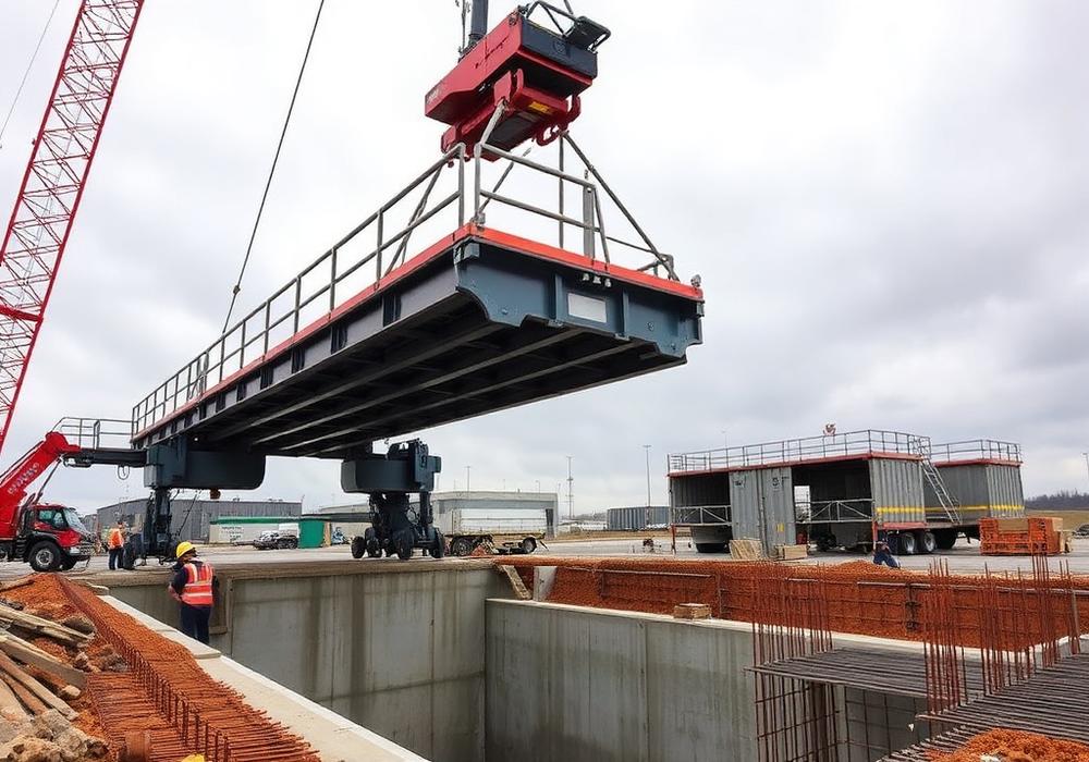 Crane lowering a weighbridge deck into a foundation pit
