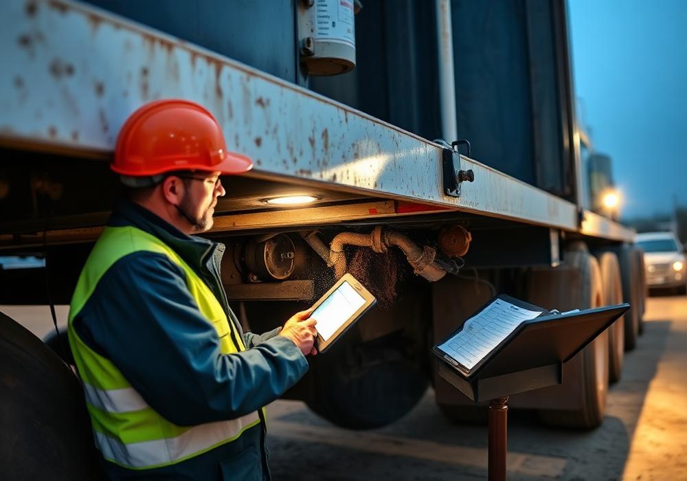 Technician inspecting the underside of a truck scale at dusk with a tablet