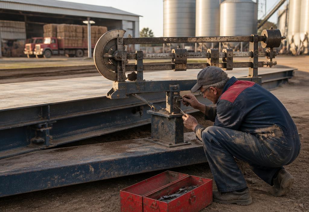 Technician adjusting a mechanical beam-and-lever truck scale