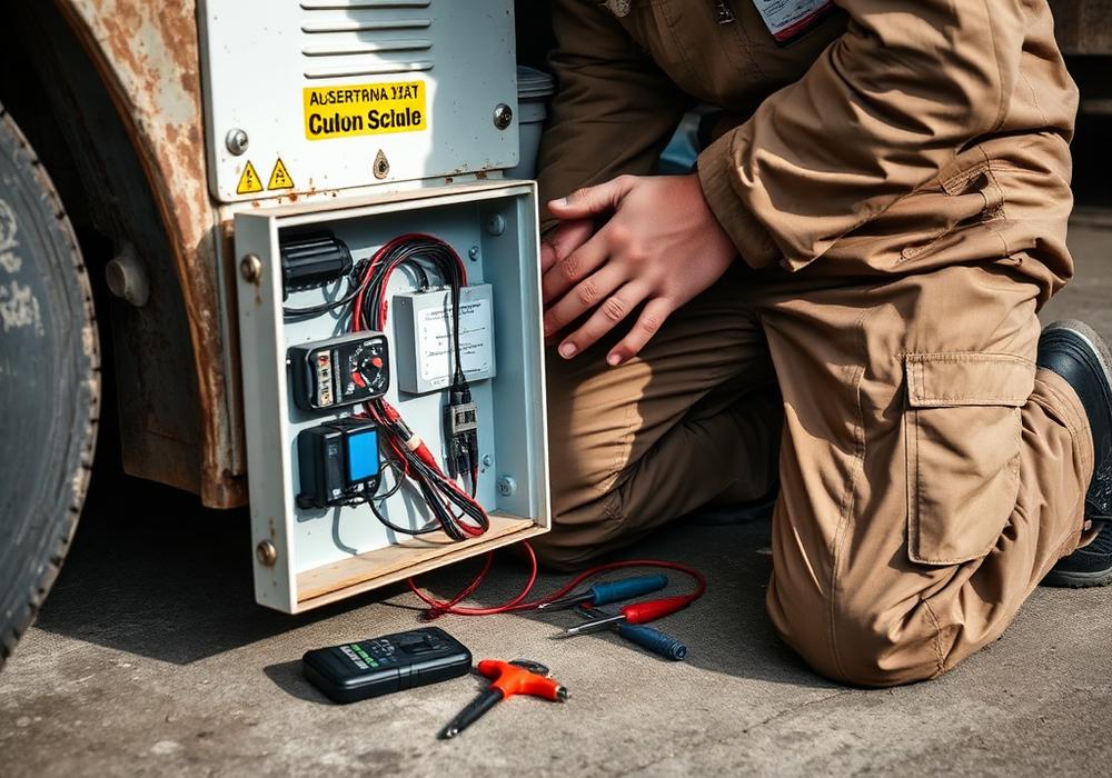 Technician rewiring a scale junction box