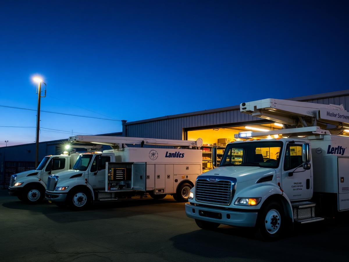 CalMill's fleet of service trucks parked at the Turlock yard at dusk